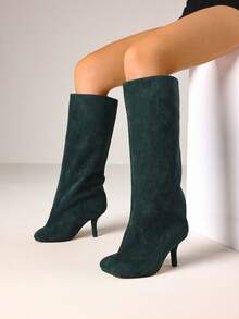Knee High Boot Square Toe Kitten Heel Stiletto Heeled Boots For Woman Suede Wide Calf Long Boots Heeled Slouchy Formal Shoes Winter Tall Boots For Women - màu xanh đậm - Xem 4