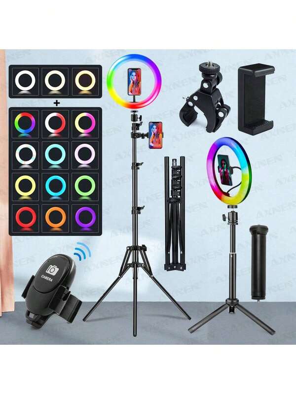 AXNEN 10-Inch RGB Ring Light, Compatible With Tripod And Remote Control, Featuring 39 Color Modes And Stepless Adjustable Brightness/Speed, Suitable For Live Streaming, Video Recording, Makeup, And Photography.