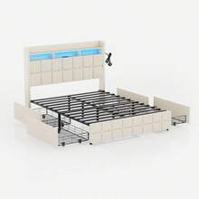 Upholstered Bed 140x190 Cm With 4 Drawers, With LED & USB, Storage Bed With Storage, 2 Person Bed, Metal Frame, Faux Leather, Beige - 查看 7
