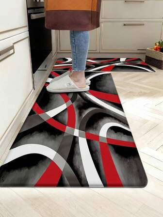 1pc Red Striped Geometric Kitchen Rug, Minimalist Autumn/Winter Kitchen Rug, Kitchen Mat, Doormat, Small Rug, Carpet, Runner, Floor Mat, Home Decor, Area Rug, Outdoor Mat, Bedroom Rug, Washable Carpet