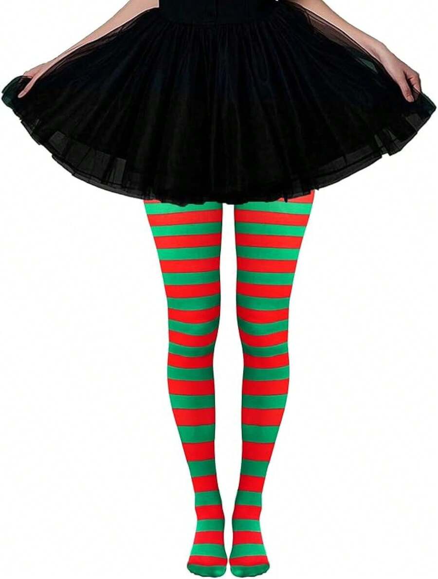 2 Pairs Women's Nylon Striped Tights Striped Tights Women Women's Stocking Hosiery - 紅色和綠色 - 查看 1