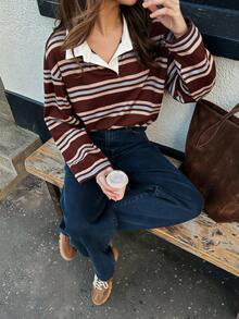 HoloChill 女款對比色翻領條紋休閒長袖針織套頭上衣，2026夏季新款百搭情人節，女款條紋 Polo 領針織長袖修身套頭毛衣，適合秋冬/春季/秋季日常穿著、返校、返校舞會、法式風格 - 酒紅色 - 查看 5