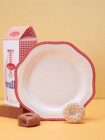 1pc Asymmetrical Ceramic Plate, Ins Style Embossed Flower Edge Design Western Plate, Home Breakfast Dish, Nordic Court Retro Wheat Spike Dessert Cake Plate, Suitable For Kitchen Life, New Year, Christmas Gift, Special Gift, Back To School Use, Dorm Essentials, Cozy Fall/Winter Decor, Family Dining, Party Use,Christmas Decorations,Room Decor