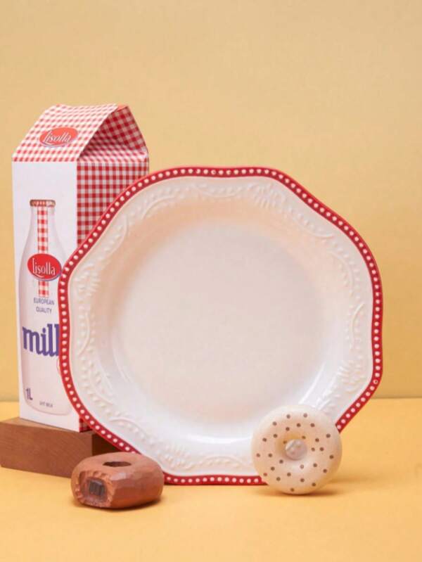 1pc Asymmetrical Ceramic Plate, Ins Style Embossed Flower Edge Design Western Plate, Home Breakfast Dish, Nordic Court Retro Wheat Spike Dessert Cake Plate, Suitable For Kitchen Life, New Year, Christmas Gift, Special Gift, Back To School Use, Dorm Essentials, Cozy Fall/Winter Decor, Family Dining, Party Use,Christmas Decorations,Room Decor