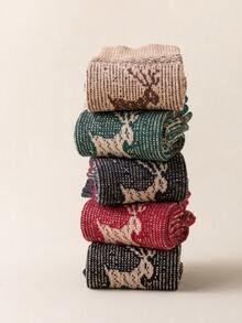 5 Pairs Women's Bohemian Style Christmas Mid-Calf Socks, Suitable For Outdoor, Sports, Home, Office Everyday Wear, Autumn/Winter