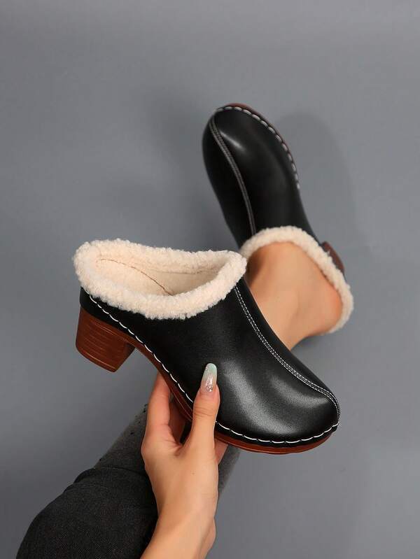 Zuecos de tacón alto con piel sintética cálida para mujer, estilo francés de slip-on sin talón trasero. Material aislante y cálido, tacón grueso antideslizante, zapatos de tacón alto clásicos, elegantes y versátiles