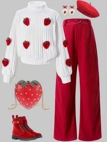 Conjunto de 2 piezas de top tejido con textura 3D de fresa dulce y encantadora y pantalones de pana roja para niñas jóvenes, perfecto para el campus diario, actividades al aire libre y fiestas en primavera, otoño e invierno - Blanco - Ver 1