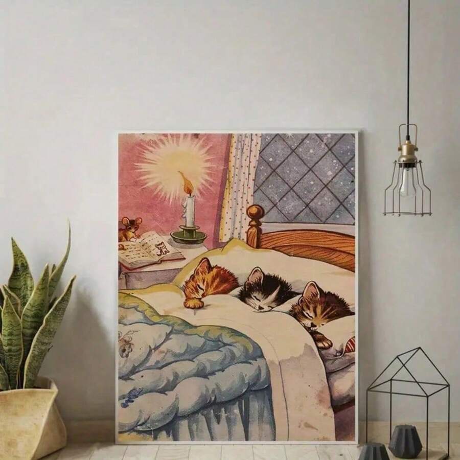 1 pieza Pintura en lienzo sin marco de un gatito durmiendo, póster artístico para decoración del hogar, regalo para amigos, decoración de pared para sala de estar, dormitorio, oficina, bar - E - Ver 1