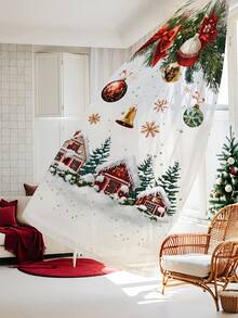 1 buc. Perdea transparentă de Crăciun cu fundă de fulg de zăpadă, material poliester, perdea vaporoasă cu flori aurii de Crăciun, baloane, crengi de pin, brad de Crăciun, potrivită pentru întâlniri de sărbători în sufragerie, petrecere de Crăciun, dormitor, decor de bucătărie, 100g/㎡ decorațiuni de Crăciun decorațiuni de Crăciun decorațiuni de Crăciun decor pentru cameră de acasă decor pentru casă