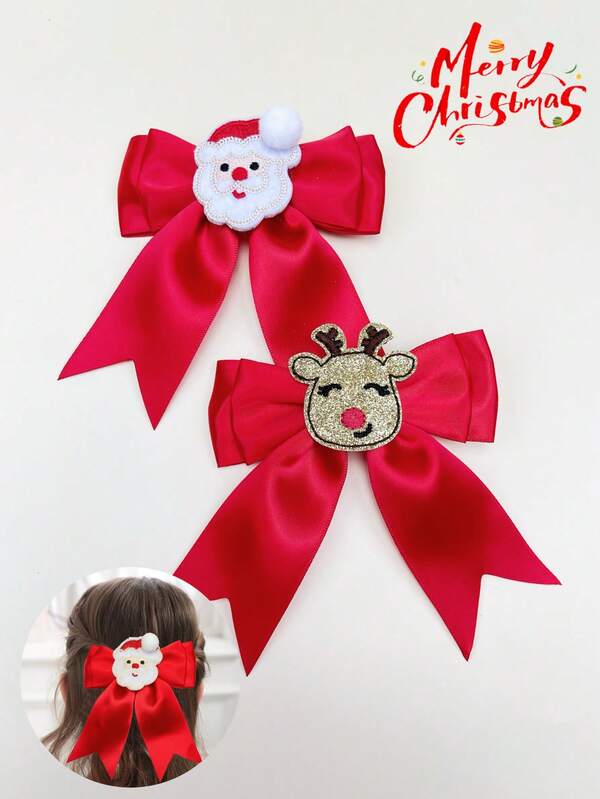 1 قطعة مشبك شعر بشكل عقدة الفراشة أحمر مع سانتا كلوز وأيل الرنة، مناسب لحفلات العطلات، التناسق اليومي، الهدايا، إكسسوارات شعر الأطفال والرضع