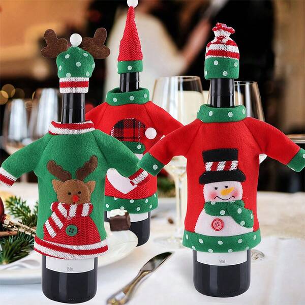 Christmas Bottle Holder, Festive Bottle Holder With Hat, For Sweater Party Decoration, For Christmas Party Decoration Valentine's Day Wedding Party Decoration, Santa Claus Bottle Holder, Bottle Sweater Decoration, Festive Champagne Bottle Gift Holder, Christmas Party Gift, New Year Table Decoration, Dress Decoration