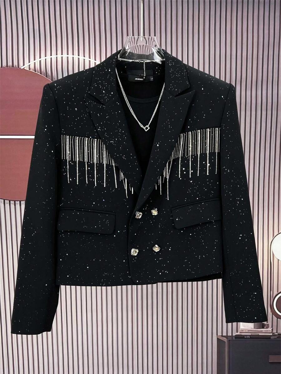 Design Inspired Tassel Chain Suit Jacket For Men, Autumn And Winter Styles, Starry Sequins, Loose Fit, Short Style, High-End Suit