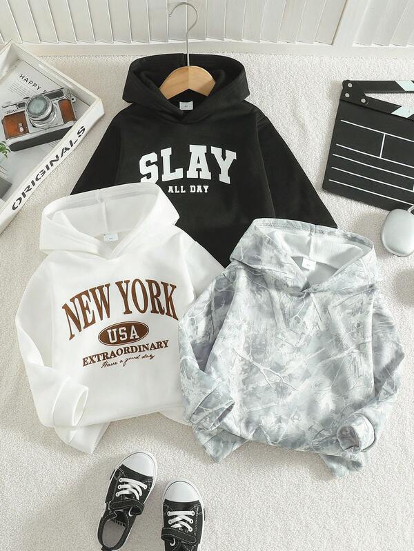 3pcs Girls Casual English Letter & Leaf Print Soft Comfortable Knit Fabric Long Sleeve Hooded Sweatshirt, Suitable For Outdoor Wear, Autumn/Winter