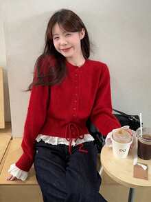 女士红色针织毛衣，韩式设计，荷叶边饰边和领带，长袖套头衫，秋冬 - 紅色 - 查看 4