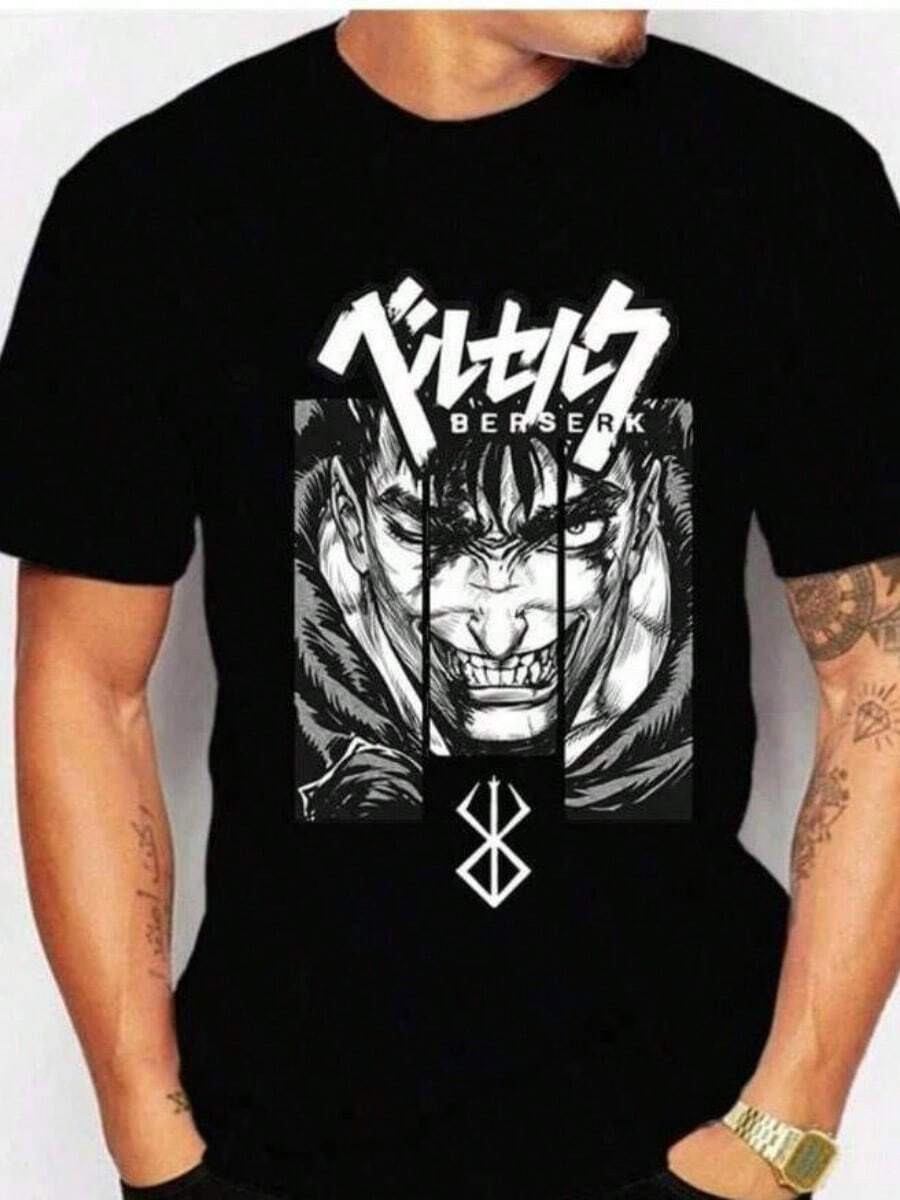 Berserks T Shirt Men's Clothing Japanese Fashion Anime Tshirt Short Sleeve Tee Harajuku Cartoon Print T-Shirt Summer Tops Men - 黑色 - 查看 1