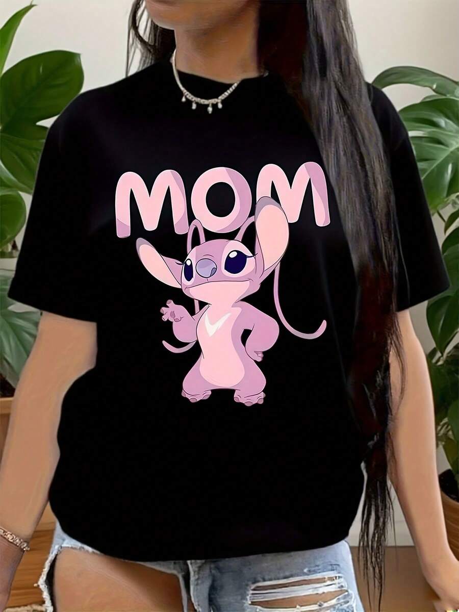 T-Shirt,  Stitch And Lilo Print T-Shirt, Disneyland Shirt, Stitch And Friends Shirt,  Cartoon Character Tee Suitable For Birthday Gifts, Ideal For Daily Activities, Holiday Party, Sports And Travel, 220g - màu đen - Xem 1