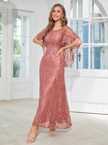 Women's Round Neck Flare Sleeve Lace Ruffle Hem Flowy Bridesmaid Wedding Dress - Redwood - View 5
