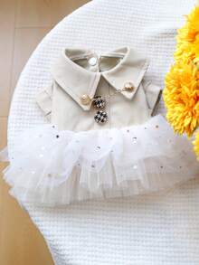 1pc Pet Clothes, Dog/Cat Apparel, Small Dog/Puppy Poodle Teddy Casual Fashion Cute Romantic Tulle Skirt Series, Beige Sequin Mini Skirt - Multicolor - View 4