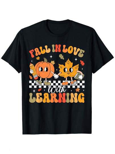 Camiseta Retro Enamórate del Aprendizaje Otoño Calabaza Maestro, Camiseta Unisex de Algodón Casual de Cuello Redondo de Manga Corta para Exteriores con Ligera Elasticidad, Ligeramente Elástica, 100% Algodón, S-XXXL