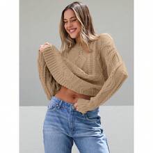 2025  Women's Oversized Cable Knit Crewneck Sweaters - Camel - View 4