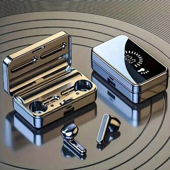 TWS 无线入耳式耳机，带 LED 显示屏充电盒，优质无线耳塞，带触摸控制，防噪麦克风，电池寿命长 - 时尚光泽镜面效果