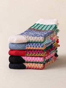 5 Pairs Women's Bohemian Style Christmas Mid-Calf Socks, Suitable For Outdoor, Sports, Home, Office Everyday Wear, Autumn/Winter