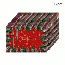1/4/6 Stücke Set bedruckte Tischsets für fröhliche Weihnachten, Weihnachtsbaum Stil, Polyesterfaser Küchen-/Esszimmer Tisch Dekorationsstoff, geeignet für Weihnachtsdekoration in Restaurants und Küchen.