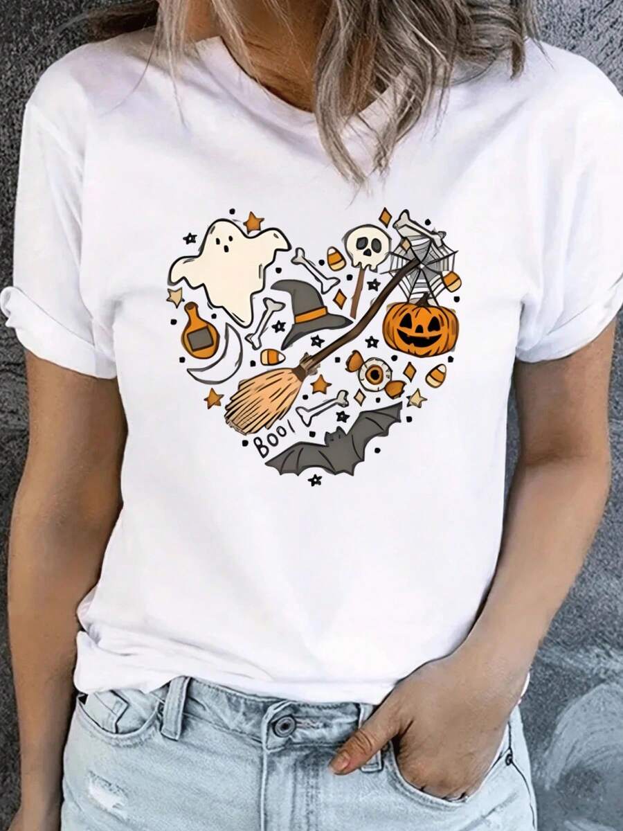 Camiseta con elementos de Halloween en forma de corazón,Camiseta casual estampada de manga corta y cuello redondo, 100 % algodón,disfraz halloween mujer - Blanco - Ver 1