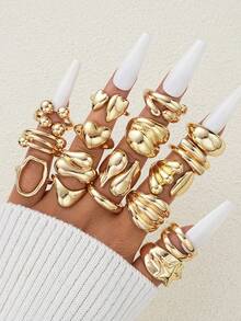 Juego de 17 piezas de anillos de mujer con diseño geométrico de líneas y bolas en estilo retro y punk exagerado, anillos apilables de moda - Amarillo Oro - Ver 7