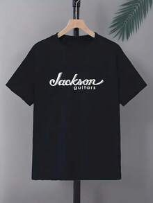 [Jackson Guitars Tee] Jackson Guitars Graphic Tee, Men's Casual Crew Neck T-Shirt |   100% Polyester Knit Fabric, Slight Stretch, Regular Fit, Summer Alphabet Pattern - màu đen - Xem 2