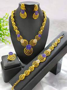 4pcs Fashionable Women's Gold-Plated Spiral Rhinestone Jewelry Set: Necklace, Earrings, Bracelet, Ring. Suitable For European, African, Middle Eastern, Dubai Bride, Wedding, Party Dress, Halloween, Christmas, New Year, Birthday, Holiday Gift, Daily Wear.