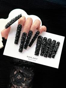 56mm Unghie quadrate extra lunghe fatte a mano, con punte di colore solido dai toni scuri, design minimalista con glitter e strass 3D full cover - Unghie finte fatte a mano con glitter per feste, uso quotidiano, eventi speciali e arte di unghie creativa - 10 pezzi/confezione