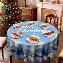 1pc Christmas Atmosphere Tablecloth, "Snowy Mountain Village Starry Sky" & "Merry Christmas" Letter Blue Tablecloth, Polyester Fabric, Lace Edging, Rectangular And Round, Multi-Size Suitable For Indoor And Outdoor - Kitchen, Dining Room Decor, Ideal Christmas Gift, Dinner Party, Picnic, Home & Kitchen Decoration
