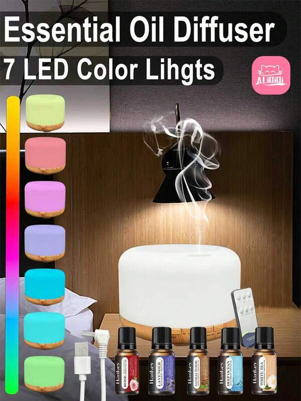جهاز نشر الزيوت الأساسية سعة 500 مل بريموت كنترول، 5 في 1 جهاز تبخير زيوت أساسية بتقنية الموجات فوق الصوتية، جهاز نشر الزيوت الأساسية، مرطب للعطور، مثالي لخلق جو مريح في المكاتب المنزلية والغرف
