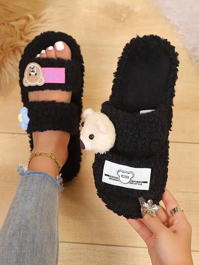 女士毛绒拖鞋、动物拖鞋、熊拖鞋、黑色拖鞋、可爱拖鞋、时尚拖鞋、EVA薄底拖鞋、轻便拖鞋、软底拖鞋、静音拖鞋、适用于硬木地板、卧室、室内、家庭、庭院、办公室、酒店、地毯、卡通、毛茸茸、女士拖鞋
