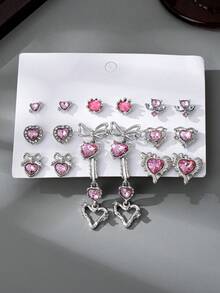 9 Pairs Cute Pink Gemstone Stud Earrings Set, Exuding Sweet And Charming Girlish Vibe, Suitable For Women To Wear On Dates, Gatherings With Friends, Campus Activities, Etc.