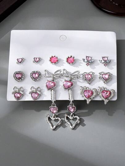 9对可爱粉色宝石耳钉套装，散发甜美迷人的少女气息，适合女性在约会、朋友聚会、校园活动等场合佩戴。