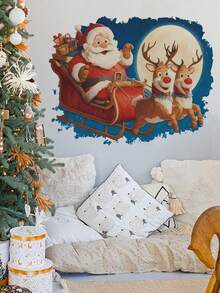 1PC Removable PVC Wall Decals – [3D Three-Dimensional Wall-Breaking Santa Claus Wall Stickers, Christmas Snowman Decorations, Christmas Reindeer Pulling A Sleigh]Self-Adhesive Waterproof Wall Stickers For Home Decor, Room Decor, Wall Decor, And Kitchen – Easy To Apply, Ideal For Living Room, Bedroom, Or Office Christmas Decorations Christmas Decorations Home