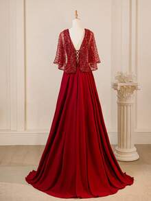 优雅V领蕾丝拼接雪纺中世纪亮片开衩长裙，女士 - 紅色 - 查看 6