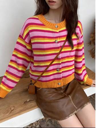 1 件女式条纹纽扣前开衫毛衣，罗纹针织上衣适合日常穿着或外出，冬季