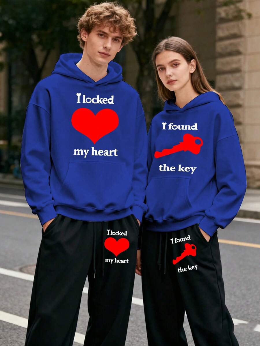 (2PC) Couple's Set Of Fashionable And Casual Printed Hoodies And Sweatpants For Both Men And Women, Autumn And Winter Men's Sportswear, Fashionable And  Sportswear Printed, Suitable For Casual Outdoor Sports And Holiday Gift Giving.I LOCKED MY HEART/I FOUND THE KEY - Nam-Màu xanh - Xem 1