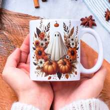 Halloween Mug Wrap, 11 Oz & 15 Oz Pumpkin Coffee Mug Template, Spooky Ghost Mug Wrap, Fall Mug Sublimation Designs, Digital Download - Yellowish White - View 1