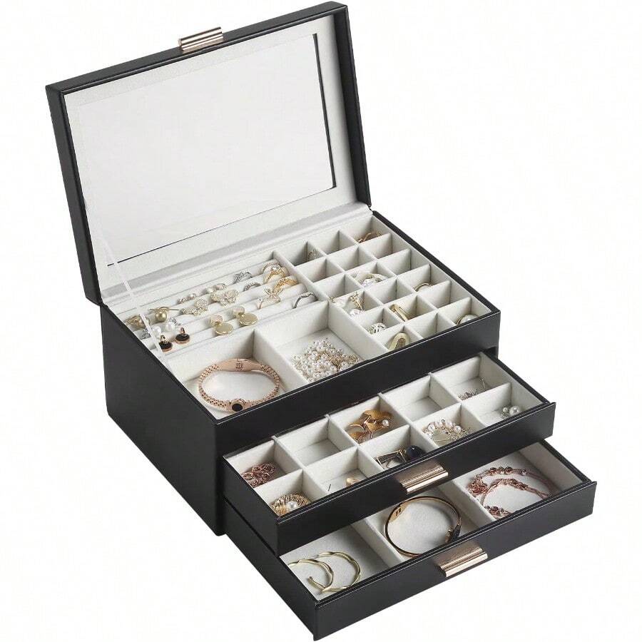 HLJ  Jewelry Box For Women 3 Layer Double Drawer Jewelry Organizer Glass Lid Large Jewelry Display Case For Necklace Bracelet Earrings Rings Storage For Dresser Black129 - màu đen - Xem 1