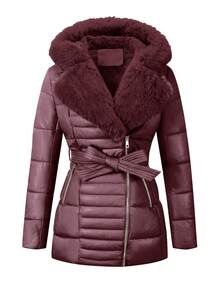 Giolshon Women's Fall/Winter Faux Leather Puffer Jacket, Faux Fur Collar,Teacher Outfits , Adjustable Belt For Chic Commuting & Layering - Burgundy - View 2