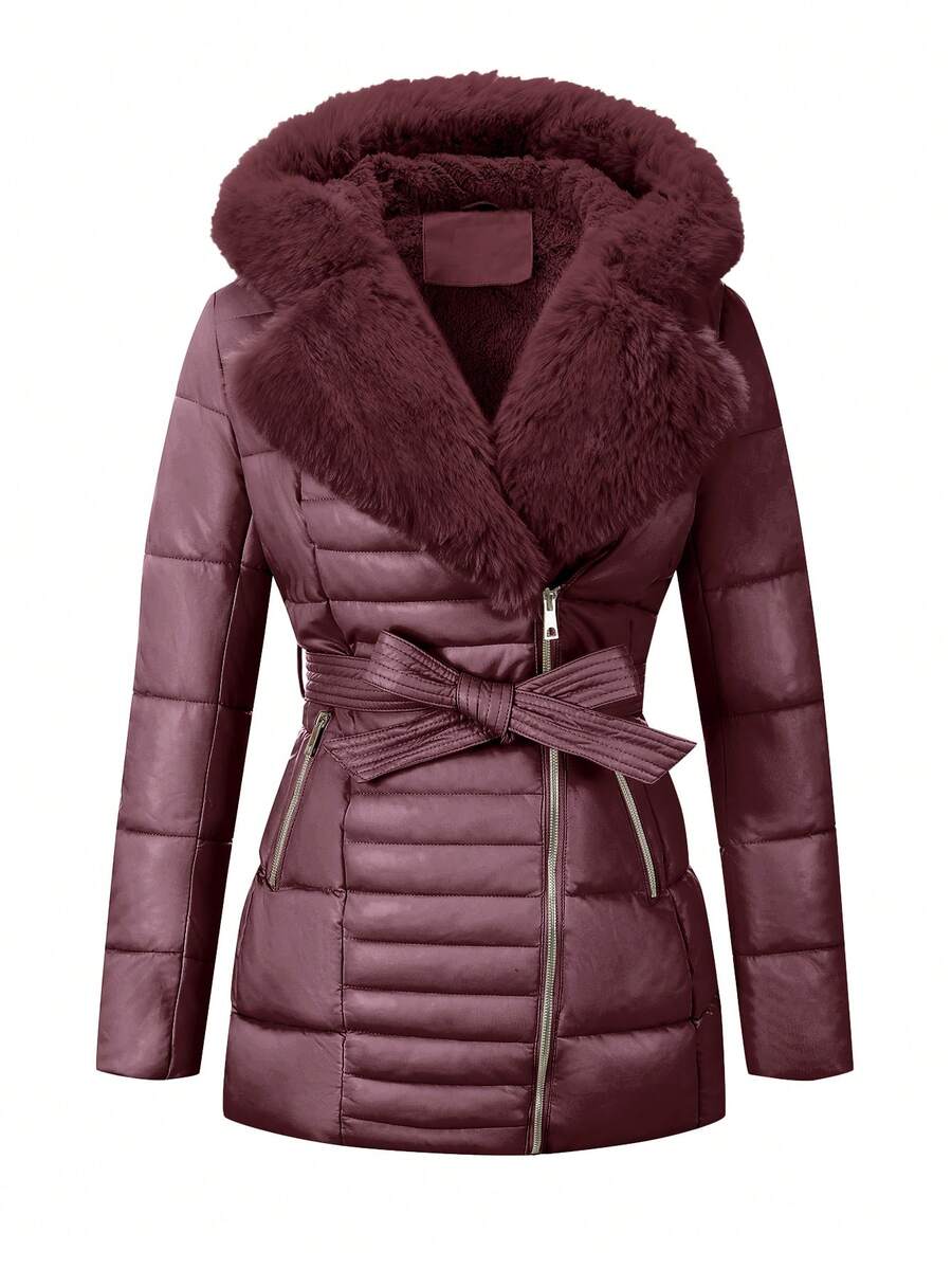Giolshon Women's Fall/Winter Faux Leather Puffer Jacket, Faux Fur Collar,Teacher Outfits , Adjustable Belt For Chic Commuting & Layering