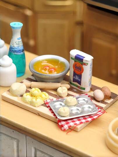 1 Set Dollhouse Mini Bread And Pastry Making Table, Cooking Mini Rolling Pin, Milk, Bread, Eggs, Plates, Kitchen Prop Models, Furniture Models, Mini Kitchenware Models, Home Decoration, Home Decoration, Mini Kitchenware Handicrafts, Retro Home Decoration Models, Suitable For Festival Gifts, Birthday Gifts, Party Events, Christmas, Halloween, Carnival Gifts Add Color To Life.