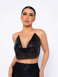 Women's Crop Top With Sexy Metallic Chain And Open Back - Negro - Ver 2