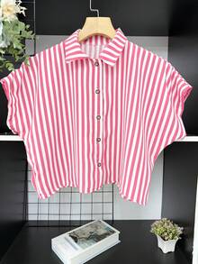 ELLIE Casual Striped Print Loose And Cropped Shirt - 粉紅色粗條紋 - 查看 1