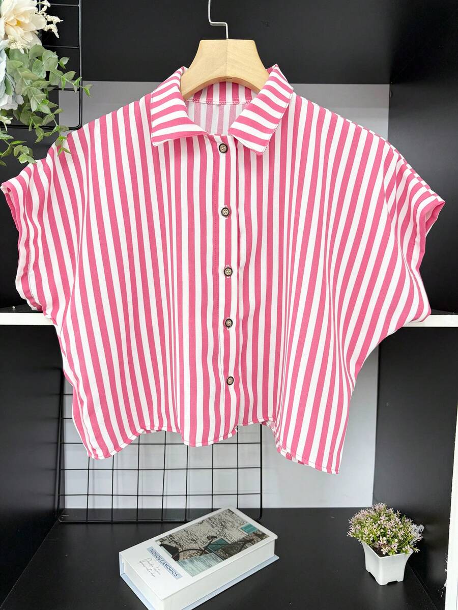 ELLIE Casual Striped Print Loose And Cropped Shirt - 粉紅色粗條紋 - 查看 1