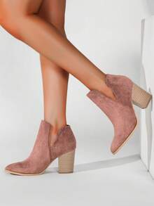 2024新款法式踝靴女款，英伦风秋冬新款粗跟尖头西部靴，后拉链设计 - 淡紫色 - 查看 9